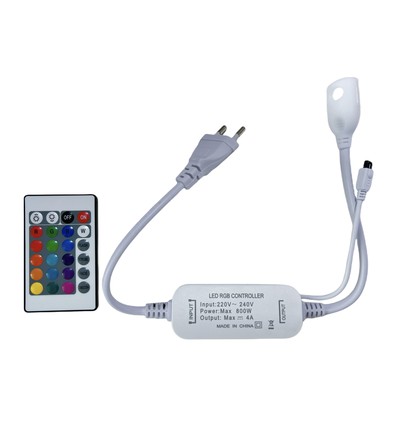230V RGB CLIP-ON controller - Inkl. endeprop, til 230V, memory funktion, infrarød fjernbetjening, 50 m