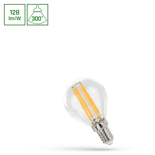 E14 5,5W LED kronepære - G45, filament, klar, 700lm, 4000K, 300° lysspredning