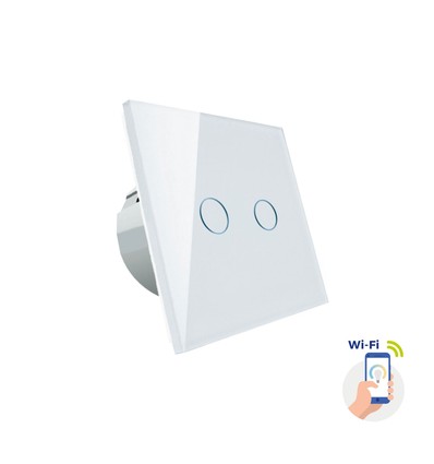 Smart 2-zone WiFi afbryder - 2x1000W, hvidt glas, virker med Google Home/Alexa, IP20 indendørs