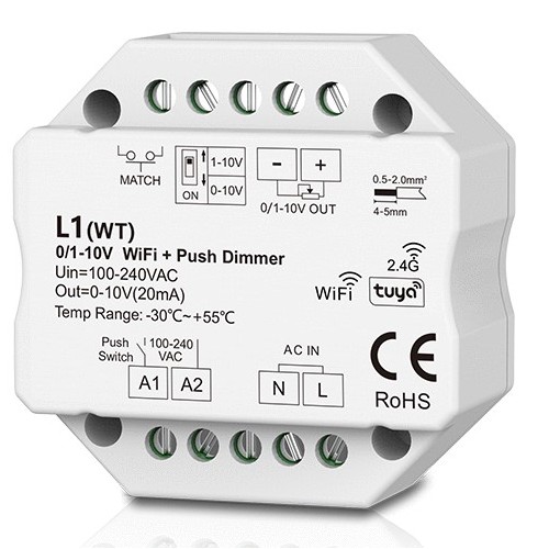 LEDlife rWave 1-10V Wifi indbygningsdæmper - Tuya/Smart Life, RF, push-dim, LED dæmper, til indbygning