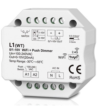 LEDlife rWave 1-10V Wifi indbygningsdæmper - Tuya/Smart Life, RF, push-dim, LED dæmper, til indbygning