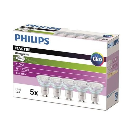 Philips Master GU10 LED Pære 4,7W i 3000K 345Lm Dæmpbar - 5-PAK