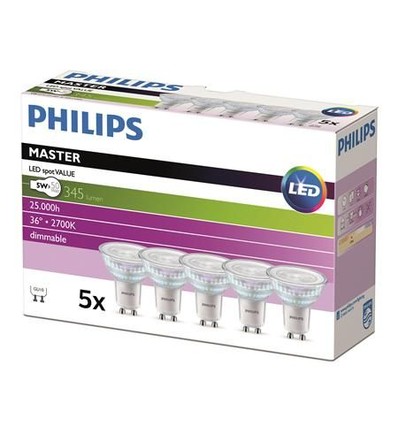 Philips Master Value GU10 LED Pære 3,7W i 2700K 355Lm Dæmpbar - 5-PAK