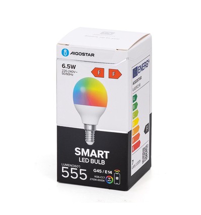 Aigostar SMART WiFi/BT, G45, E14 Mat LED Kronepære 6,5W i RGB+CCT