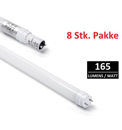 8 x GLASS High-Lumen T8 LED Rør 22W i 4000K, 165LM/w - 1500