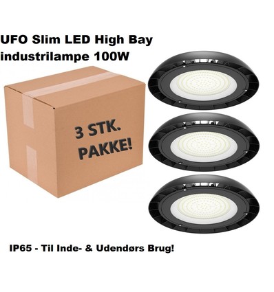 3-PAK - UFO Slim LED High Bay industrilampe 100W i 4000K, IP65 - 110°