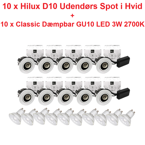 10 x Hilux D10 Udendørs Spot i Hvid - inkl. Dæmpbar GU10 LED 3W 2700K