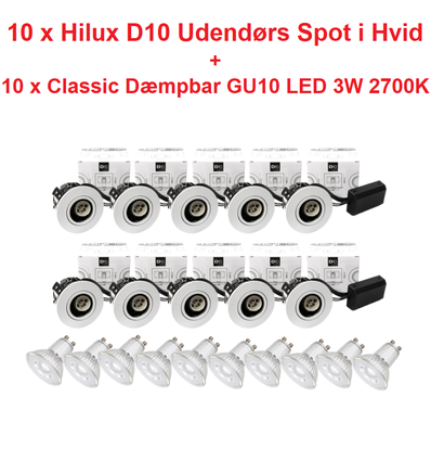 10 x Hilux D10 Udendørs Spot i Hvid - inkl. Dæmpbar GU10 LED 3W 2700K