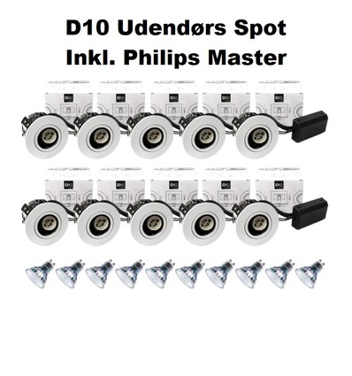 10 x Hilux D10 Udendørs Spot i Hvid - inkl. 10 x Philips Master 2700K