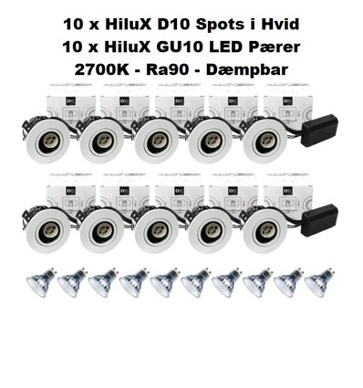 10 x Hilux D10 Spot i Hvid - inkl. 10 x HiluX V1 2700K Ra90