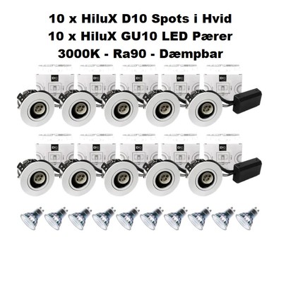 10 x Hilux D10 Spot i Hvid - inkl. 10 x HiluX V1 3000K Ra90