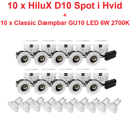 10 x Hilux D10 Spot i Hvid - inkl. Dæmpbar GU10 LED 6W i 2700K - 38°