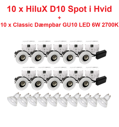 10 x Hilux D10 Spot i Hvid - inkl. Dæmpbar GU10 LED 6W i 3000K - 38°