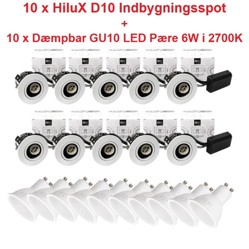 10 x Hilux D10 Spot i Hvid - inkl. Dæmpbar GU10 LED 6W i 3000K