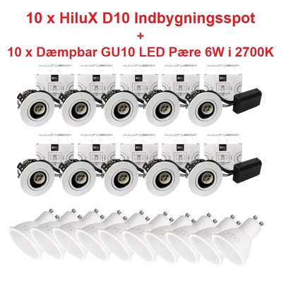 10 x Hilux D10 Spot i Hvid - inkl. Dæmpbar GU10 LED 6W i 2700K