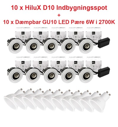 10 x Hilux D10 Spot i Hvid - inkl. Dæmpbar GU10 LED 6W i 3000K