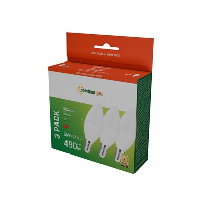 3 stk. E14 6W LED kertepære - 3000K, varm hvid, 520lm