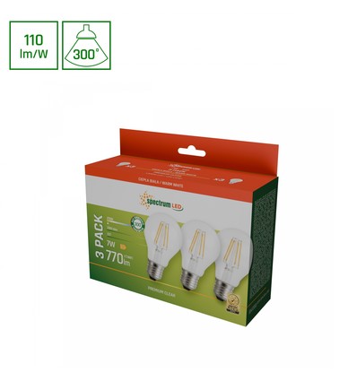 LED 7W E27 - 230V, Kultråd, Varm Hvid, Klar, Spectrum, 3-pak