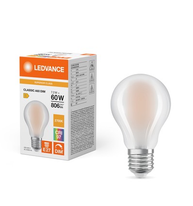 LEDVANCE Mat E27 LED Pære På 7,2W i 2700K, Dæmpbar, Ra97