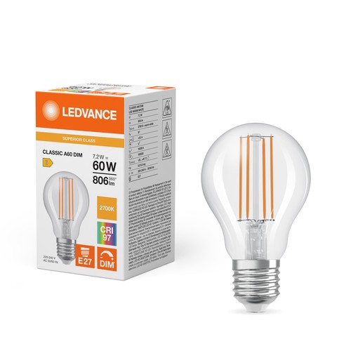 LEDVANCE Klar E27 LED Pære På 7,2W i 2700K, Dæmpbar, Ra97