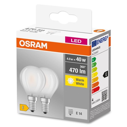 Osram Classic Mat E14 LED Krone pære 4W i 2700K, 470Lm - 2-Pak