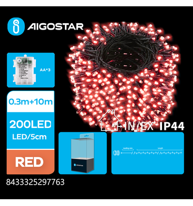 10m batteri rød LED lyskæde - 200 LED, 8 lysspil, IP44, grøn/sort ledning