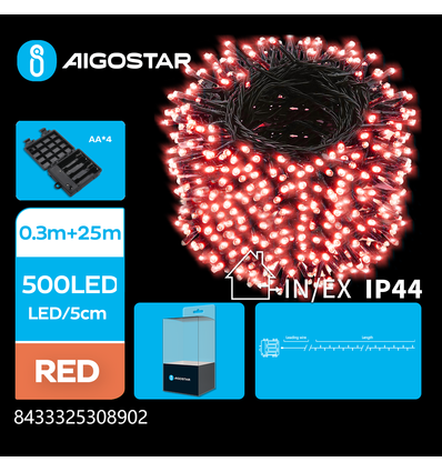 25m rød batteri LED lyskæde - 500 LED,  8 lysspil, mørkegrøn ledning