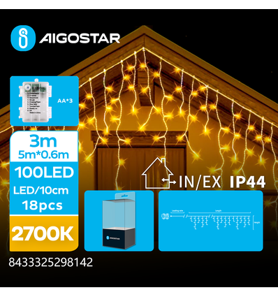 5m batteri iskæde - 100 LED, 25 rækker, 8 lysspil, transparent ledning