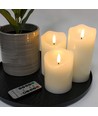 Sæt med 3 stk. LED Bloklys 10cm høj, flammeeffekt, hvid - Ø7,5cm, 10/12,5/15cm høj, virker m. fjernbetj, timer, ægte stearin