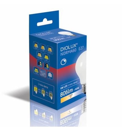 Outlet: DIOLUX Norma60 (3-step Dim) E27 LED Pære 6W 2700K 806Lm