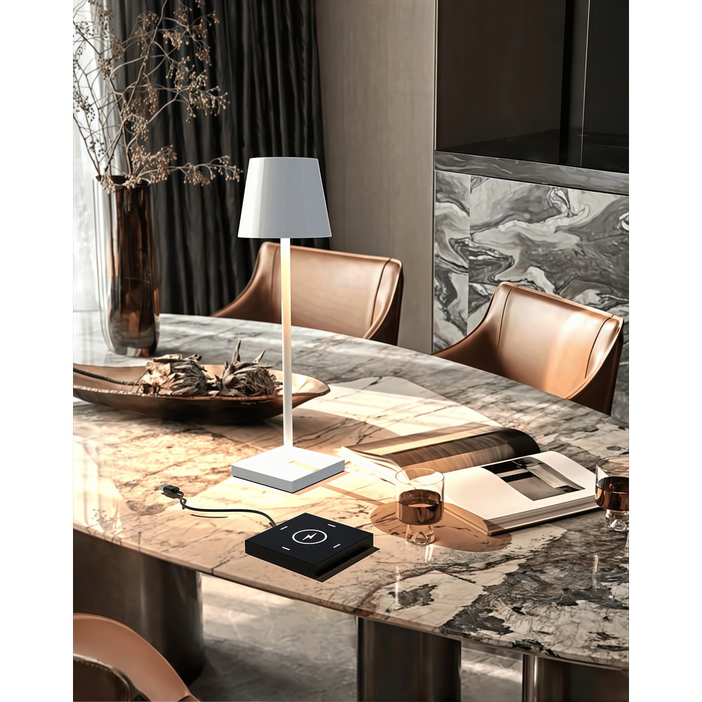 LED bordlampe inkl. trådløs opladning - Hvid, IP54 Inde/udendørs, touch dæmpbar - Dæmpbar : Dæmpbar, Farve på hus : Hvid