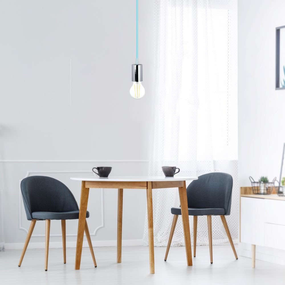 E27 Krom Metal Kop-Pendel Lampe - Lysblå