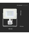 30W LED projektør med sensor, Samsung LED chip - IP65, hvid, 6400K, 5 års garanti