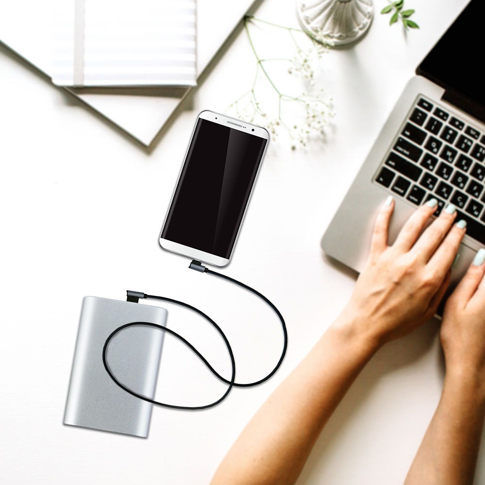 1m Micro USB kabel L-Type, 2.4A - Black Diamond Series, sort, vævet bomuld