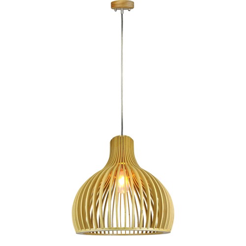 Ø35cm Træ pendel med krom detaljer - E27 fatning, rund, H45cm, dekorativ loftlampe