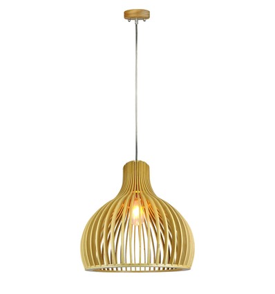 Ø35cm Træ pendel med krom detaljer - E27 fatning, rund, H45cm, dekorativ loftlampe