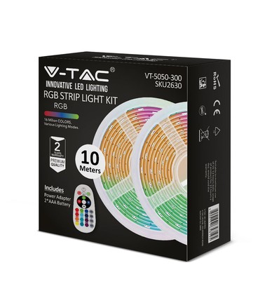 10m (2x5m) RGB strip sæt - inkl. fjernbetjening og strømforsyning, 4,8W/m, IP20