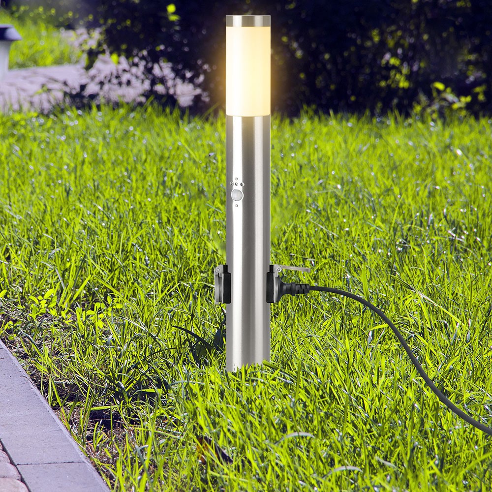 60cm E27 havelampe med sensor og 2 udtag - IP44, rustfrit stål, PIR sensor, 2x Schuko stik, uden lyskilde
