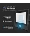 V-TAC PROJEKTØR 30W - PIR SENSOR, Samsung Chip, 1M KABEL, 6500K, SORT HUS