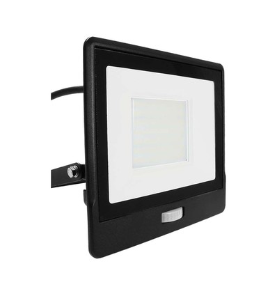 PIR sensor projektør 50W - Samsung chip, 1m kabel, 6500K, sort hus