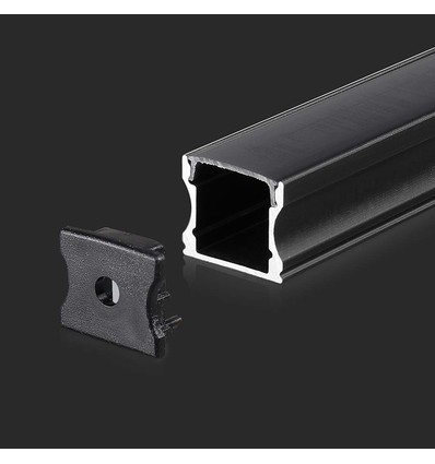 2m Sort Alu-profil til LED Strips - Inkl. Sort Cover og Endepropper