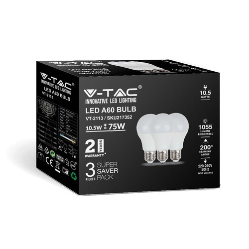 A60 LED 10,5W E27 - 3000K, Plastik Pære, 3 stk/pakke