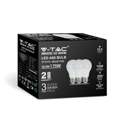 A60 LED 10,5W E27 - 3000K, Plastik Pære, 3 stk/pakke