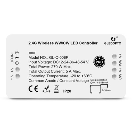 Gledopto Zigbee controller - Philips Hue kompatibel, Zigbee 3.0, enkeltfarvet og CCT, 12V (60W), 24V (120W)