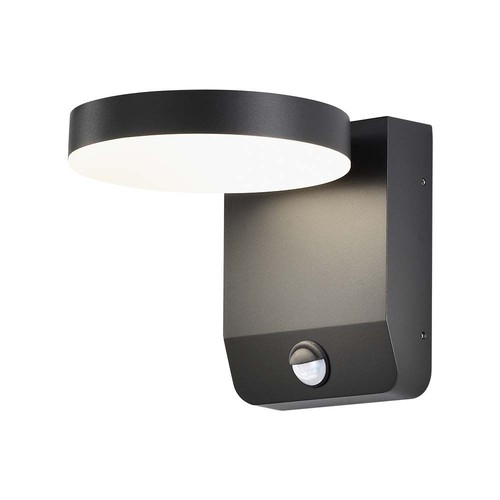17W LED væglampe med sensor, rund - IP65, 4000K, sort, PIR sensor, udendørs, 2480lm