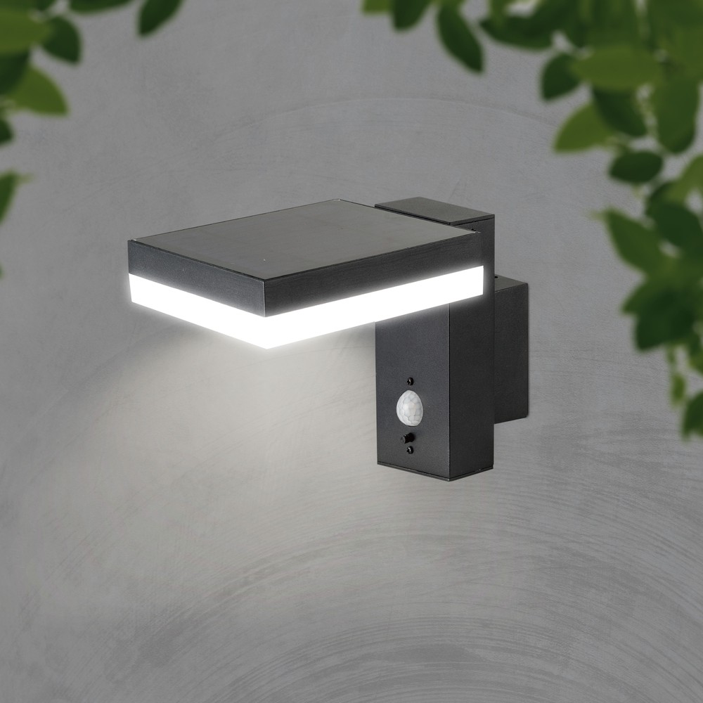 5,5W Solara væglampe med sensor - Solcelle, PIR sensor, IP54, 3000K, sort, rektangulær - Kulør : Varm