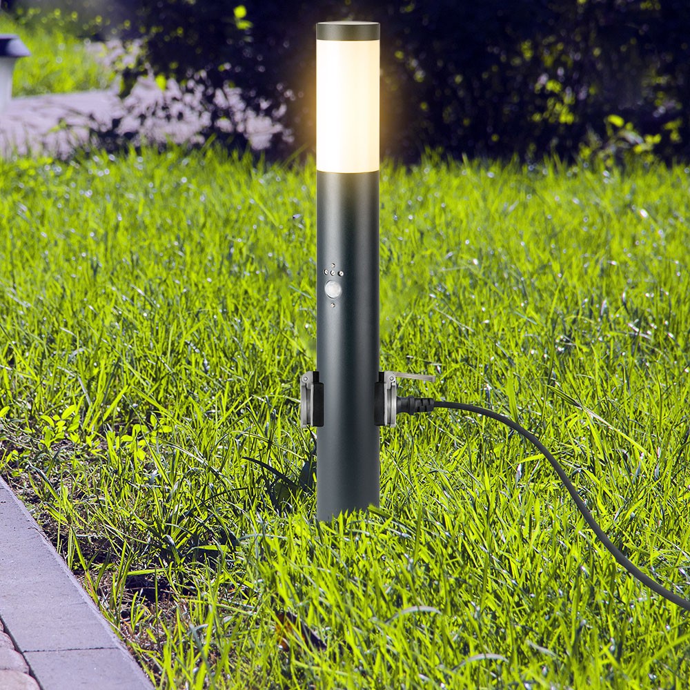 60cm havelampe med PIR sensor og 2 stikudtag - E27 fatning, IP44, rustfrit stål, grå, uden lyskilde