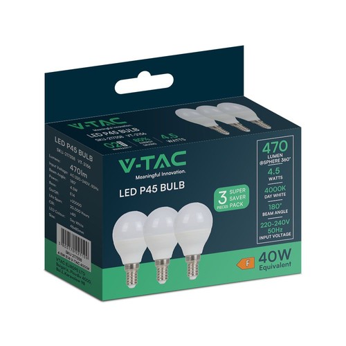 4.5W pære E14 - P45, plast, 4000K, 3stk/pakke