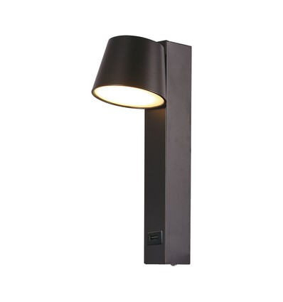 8W LED Væglampe - 3000K, USB funktion, akryl, sort