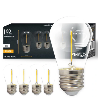 5 stk E27 1W LED pære - ST14, COB filament
